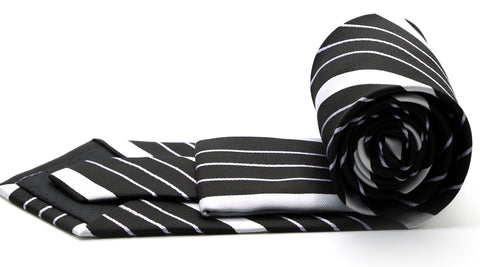 Mens Dads Classic Black Striped Pattern Business Casual Necktie & Hanky Set EO-8
