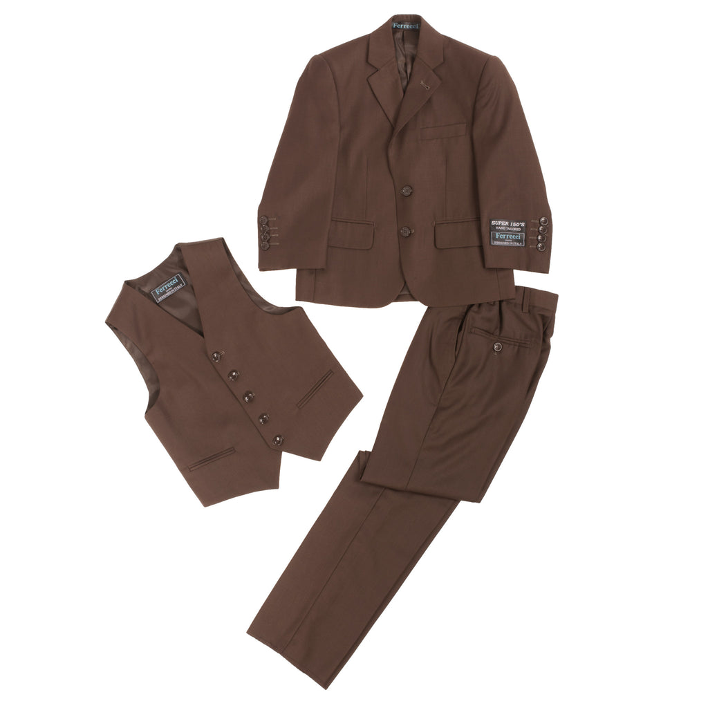 Boys Premium Chocolate Brown 3pc Vested Suit - FHYINC best men