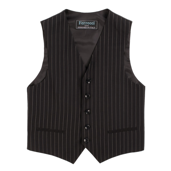 Boys Premium Black Pinstripe 3pc Vested Suit - FHYINC best men's suits, tuxedos, formal men's wear wholesale