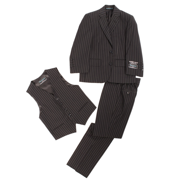 Boys Premium Black Pinstripe 3pc Vested Suit - FHYINC best men's suits, tuxedos, formal men's wear wholesale