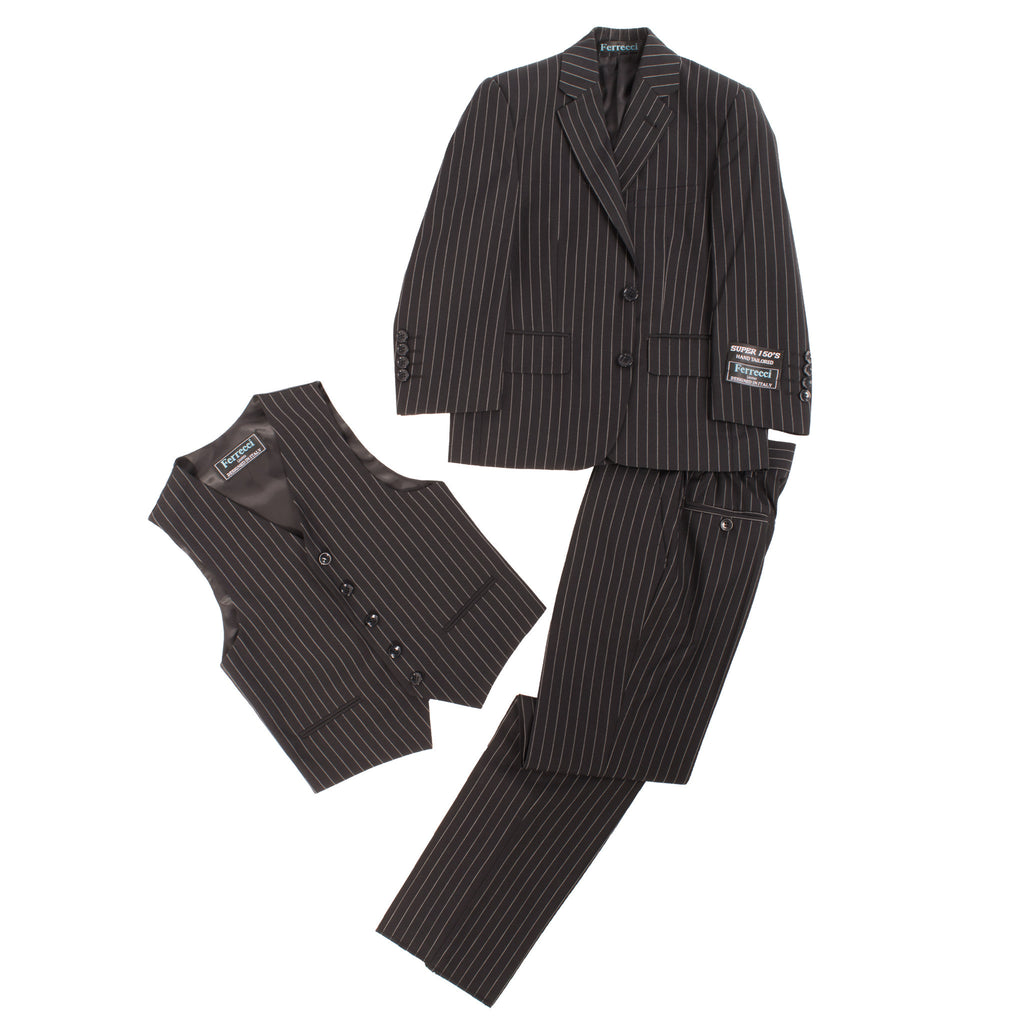 Boys Premium Black Pinstripe 3pc Vested Suit - FHYINC best men