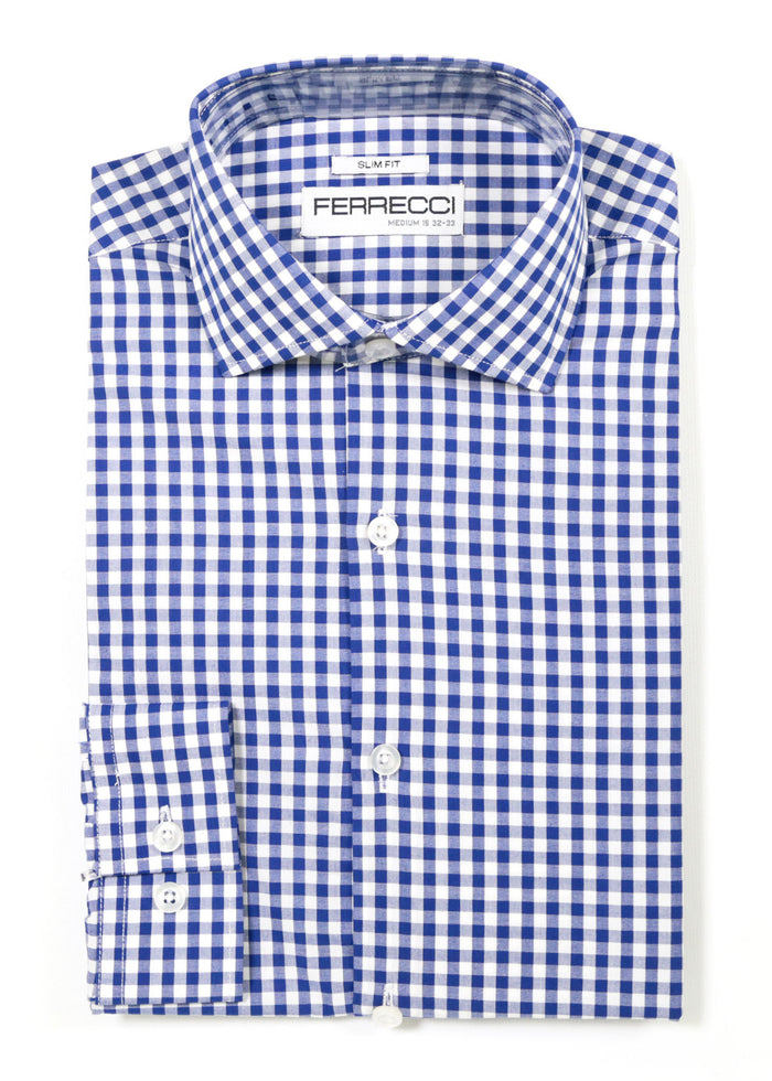 Blue Gingham Check Dress Shirt - Slim Fit - FHYINC best men's suits, tuxedos, formal men's wear wholesale