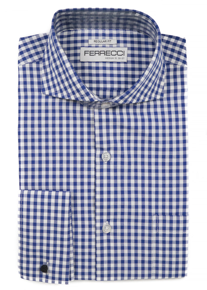 Blue Gingham Check French Cuff Dress Shirt - Regular Fit - FHYINC best men's suits, tuxedos, formal men's wear wholesale