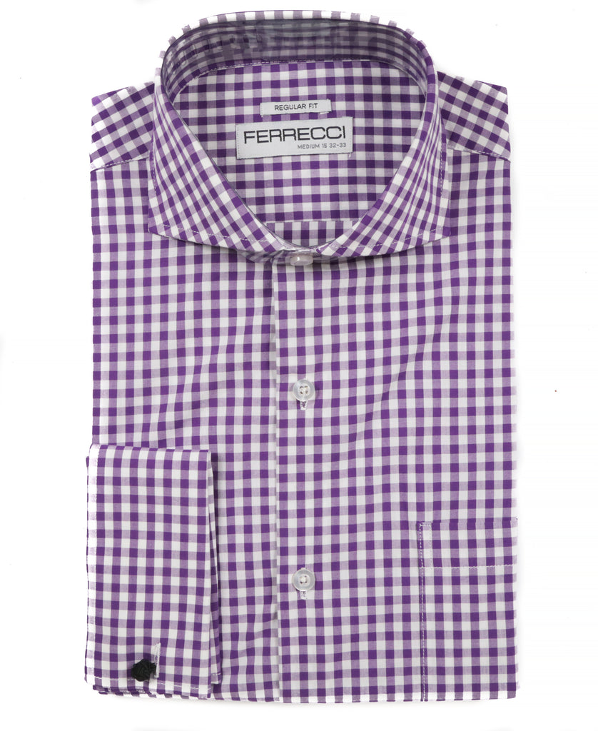 Purple Gingham Check French Cuff Dress Shirt - Regular Fit - FHYINC best men