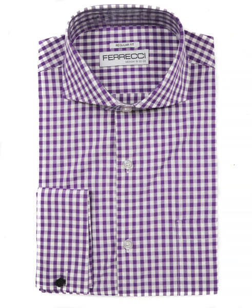 Purple Gingham Check French Cuff Dress Shirt - Regular Fit - FHYINC best men's suits, tuxedos, formal men's wear wholesale