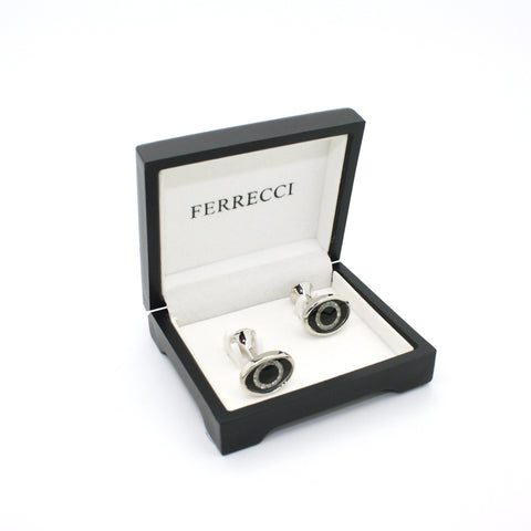 Silvertone Evil Eye Glass Stone Cuff Links With Jewelry Box
