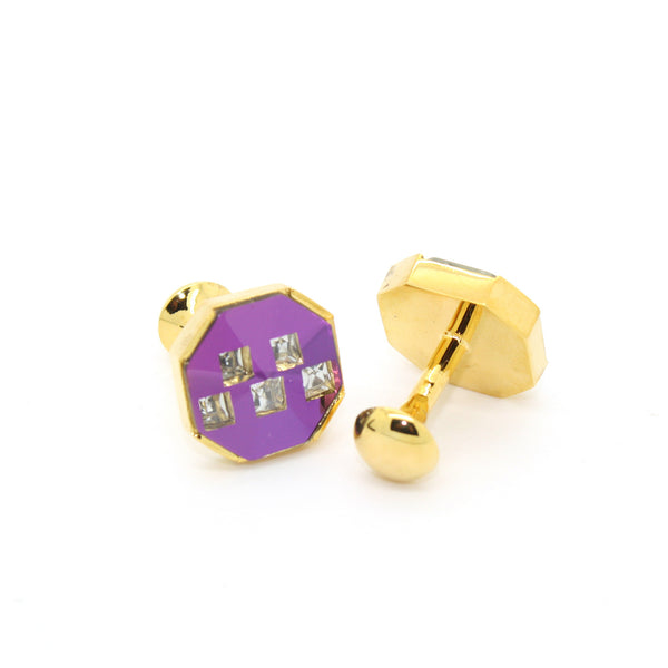 goldtone Purple Glass Stone Cuff Links With Jewelry Box - FHYINC