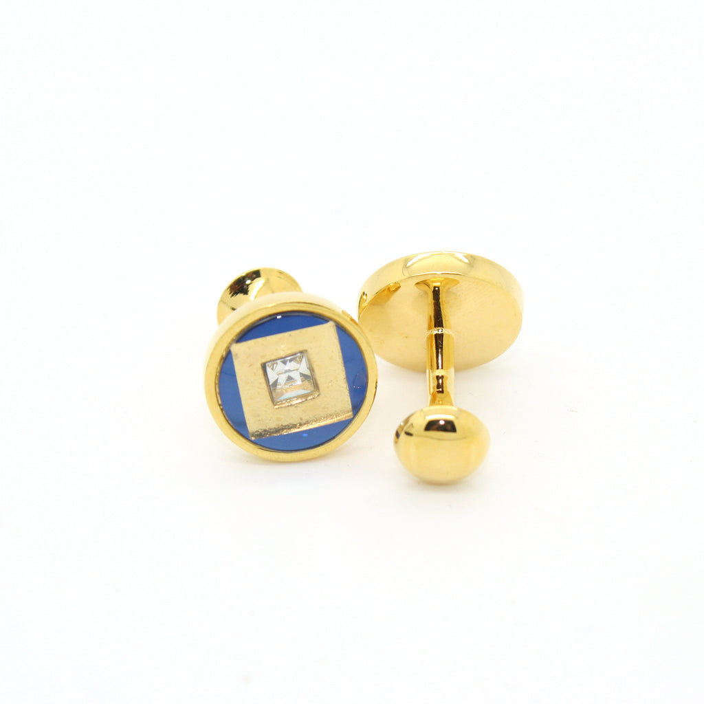 Goldtone Blue Center Glass Stone Cuff Links With Jewelry Box - FHYINC