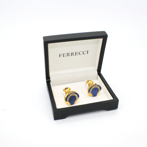 Goldtone Round Blue Glass Cuff Links With Jewelry Box - FHYINC