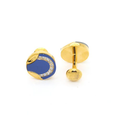 Goldtone Round Blue Glass Cuff Links With Jewelry Box