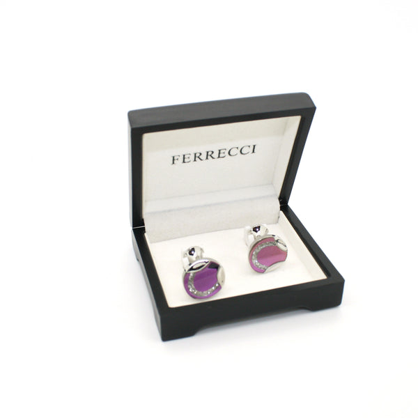 Silvertone Purple Glass Cuff Links With Jewelry Box - FHYINC