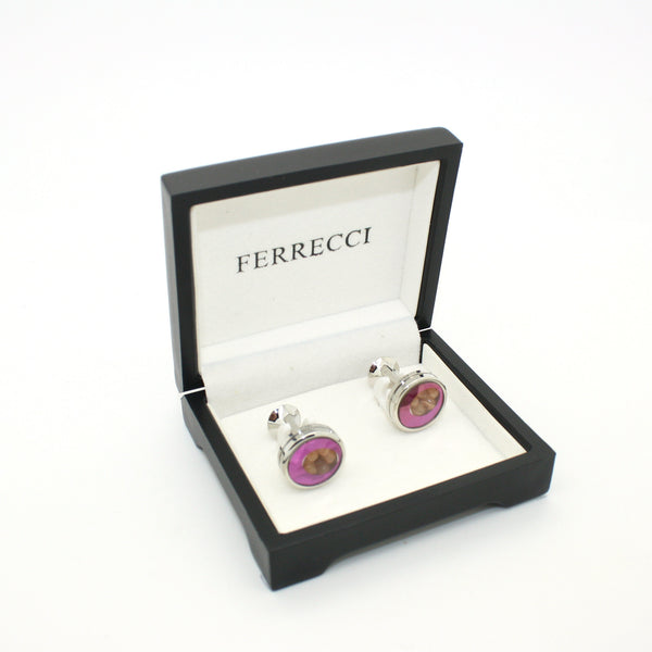 Silvertone Purple Glass Gemstone Cuff Links With Jewelry Box - FHYINC