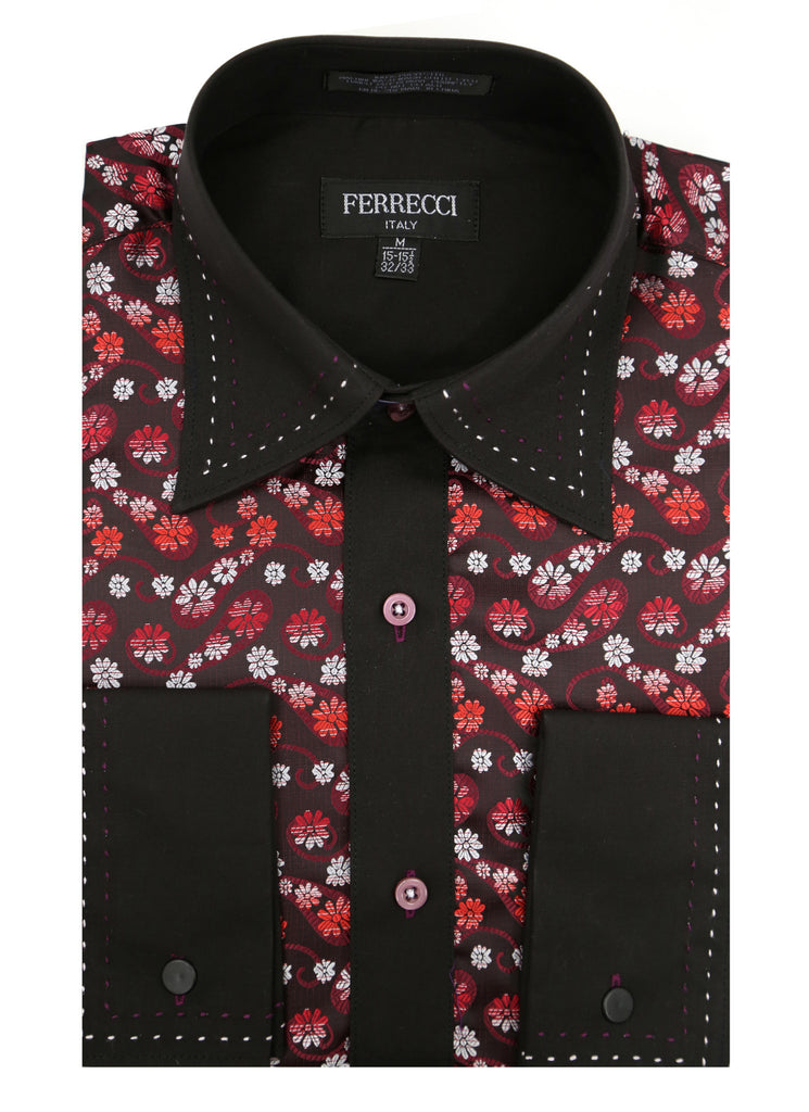 Ferrecci Men's Satine Hi-1018 Black & White Flower Button Down Dress Shirt