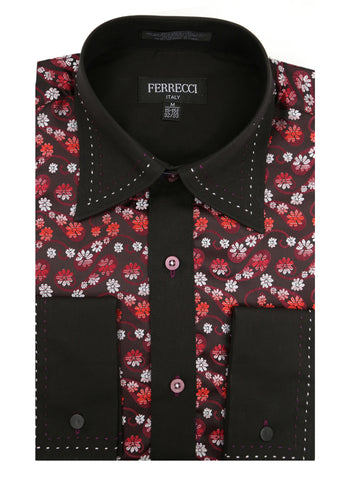 Ferrecci Men's Satine Hi-1001 Red & Black Flower Button Down Dress Shirt