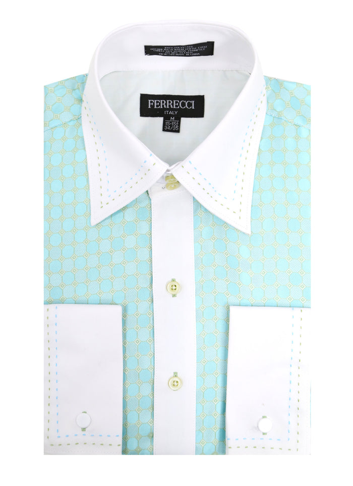 Ferrecci Men's Satine Hi-1004 Turquoise Circle Pattern Button Down Dress Shirt - FHYINC