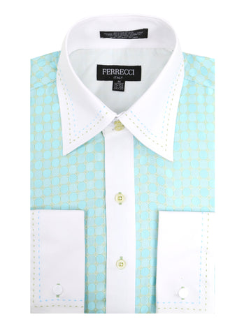 Ferrecci Men's Satine Hi-1004 Turquoise Circle Pattern Button Down Dress Shirt