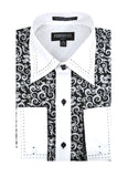 Ferrecci Men's Satine Hi-1006 Black & White Scroll Pattern Button Down Dress Shirt - FHYINC