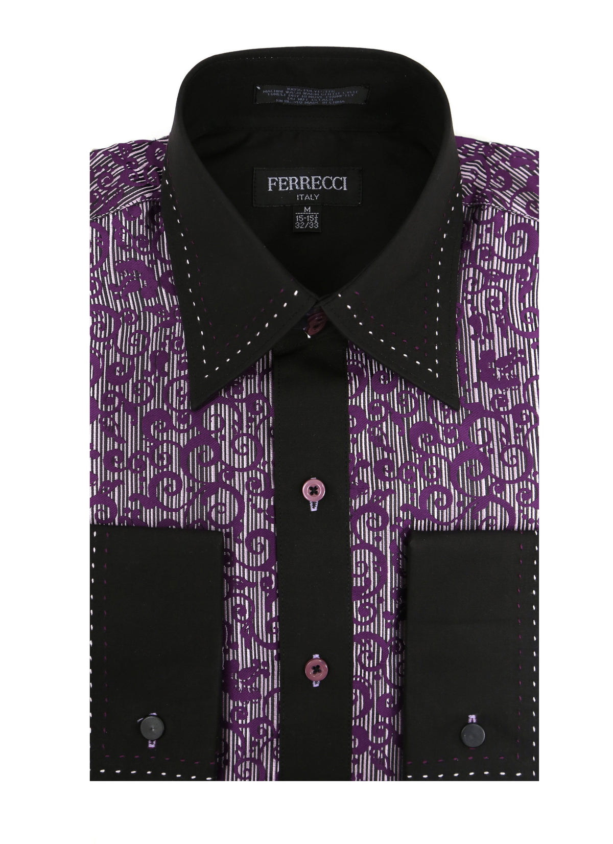 Ferrecci Men's Satine Hi-1007 Purple Scroll Pattern Button Down Dress Shirt - FHYINC