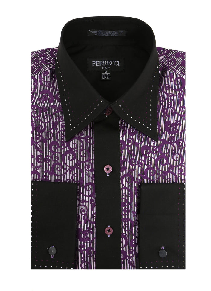 Ferrecci Men's Satine Hi-1007 Purple Scroll Pattern Button Down Dress Shirt - FHYINC