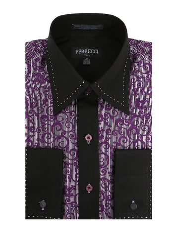 Ferrecci Men's Satine Hi-1027 Pink Scroll Pattern Button Down Dress Shirt