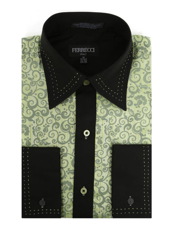 Ferrecci Men's Satine Hi-1008 Green Scroll Pattern Button Down Dress Shirt