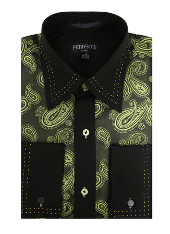 Ferrecci Men's Satine Hi-1010 Green Paisley Button Down Dress Shirt