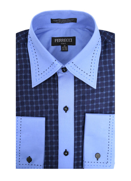 Ferrecci Men's Satine Hi-1011 Blue Repeated Circle Pattern Button Down Dress Shirt - FHYINC