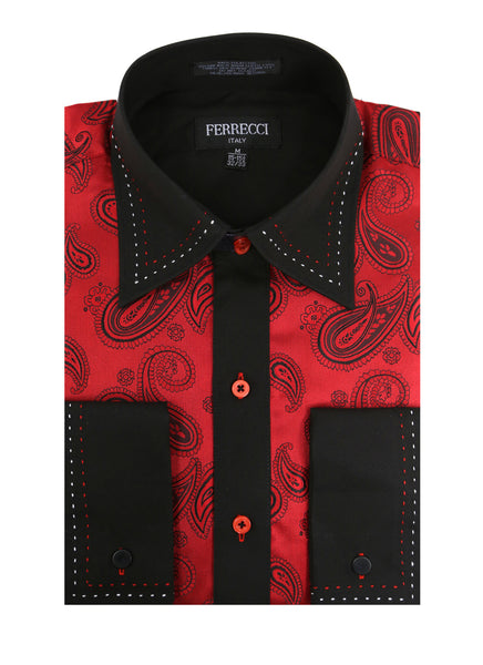 Ferrecci Men's Satine Hi-1012 Red Black Paisley Button Down Dress Shirt - FHYINC