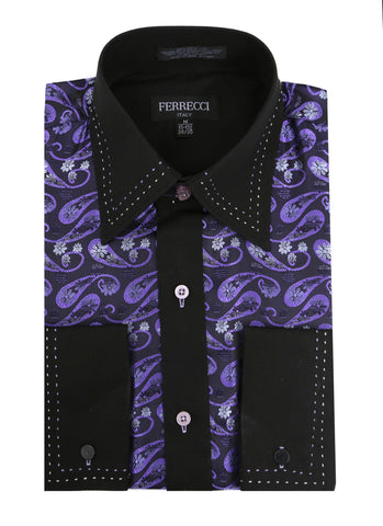 Ferrecci Men's Satine Hi-1013 Purple & Black Flower Button Down Dress Shirt