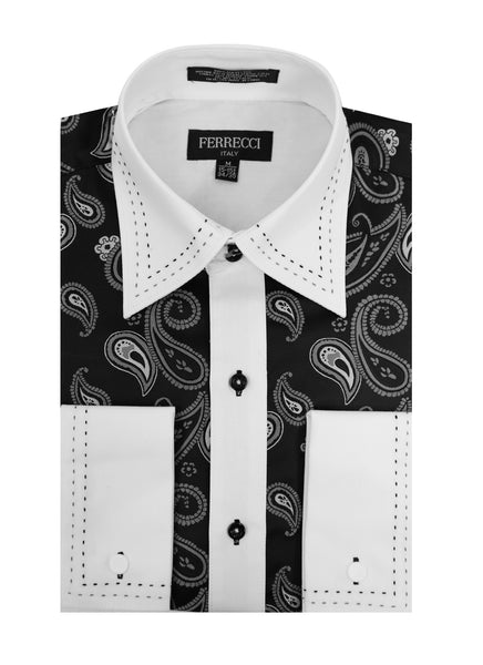 Ferrecci Men's Satine Hi-1014 White & Black Paisley Button Down Dress Shirt - FHYINC