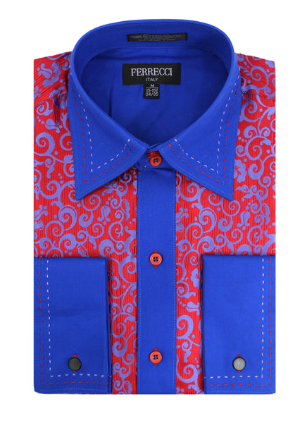Ferrecci Men's Satine Hi-1017 Red & Blue Scroll Button Down Dress Shirt - FHYINC