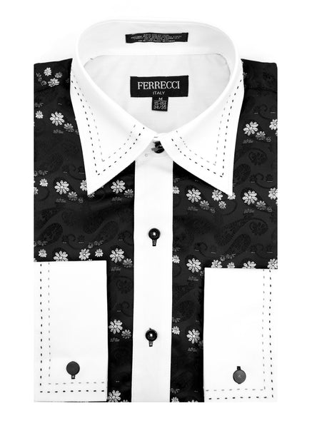 Ferrecci Men's Satine Hi-1018 Black & White Flower Button Down Dress Shirt - FHYINC