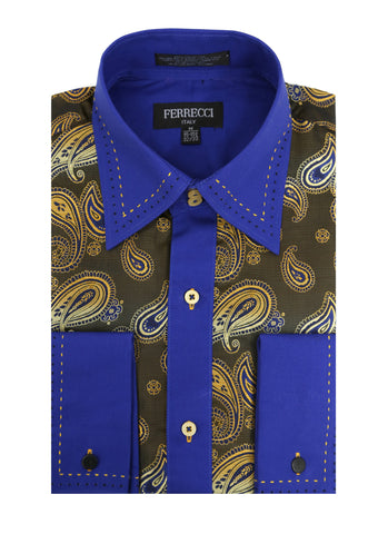 Ferrecci Men's Satine Hi-1019 Blue & Gold Tone Paisley Button Down Dress Shirt
