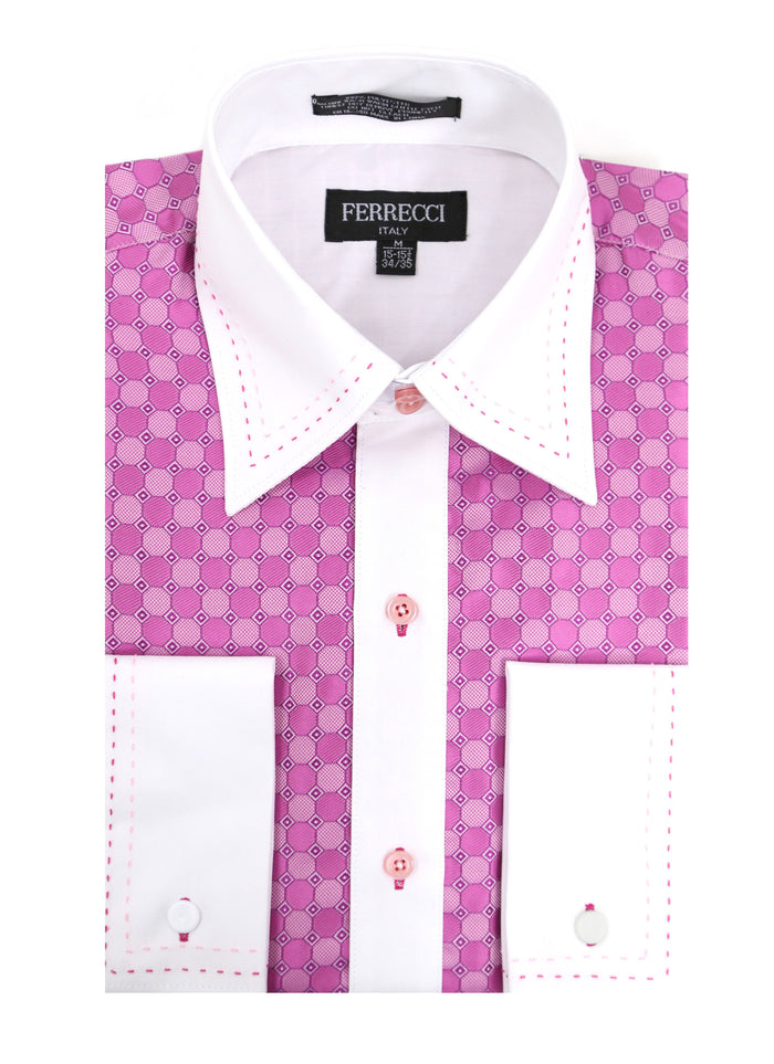 Ferrecci Men's Satine Hi-1020 Fuchsia Circle Pattern Button Down Dress Shirt - FHYINC