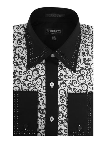 Ferrecci Men's Satine Hi-1021 Black & White Scroll Pattern Button Down Dress Shirt
