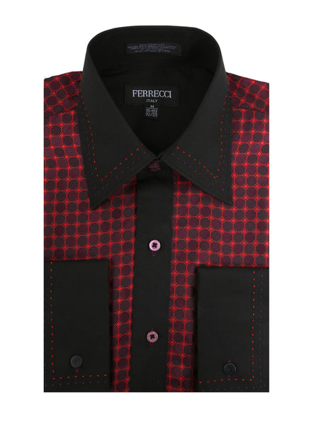 Ferrecci Men's Satine Hi-1023 Burgundy Red and Black Circle Pattern Button Down Dress Shirt - FHYINC