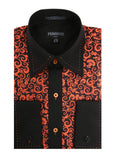 Ferrecci Men's Satine Hi-1024 Black & Orange Scroll Pattern Button Down Dress Shirt - FHYINC