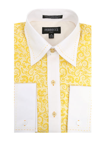 Ferrecci Men's Satine Hi-1026 Yellow Scroll Pattern Button Down Dress Shirt