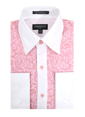 Ferrecci Men's Satine Hi-1027 Pink Scroll Pattern Button Down Dress Shirt
