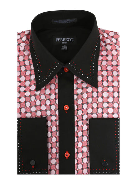 Ferrecci Men's Satine Hi-1028 Red & Black Circular Pattern Button Down Dress Shirt - FHYINC