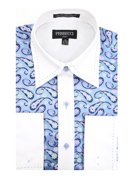 Ferrecci Men's Satine Hi-1029 White & Blue Flower Pattern Button Down Dress Shirt - FHYINC