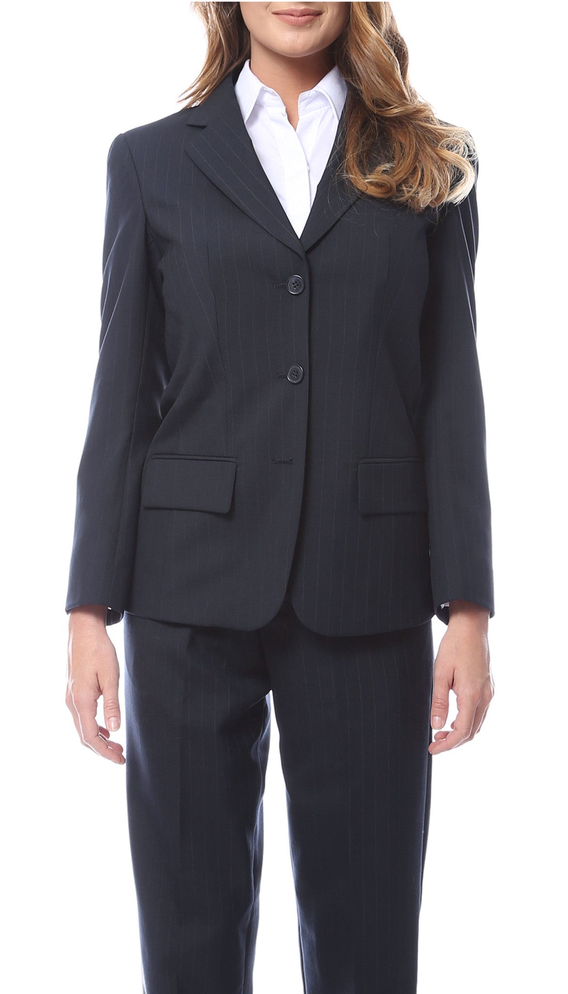 Womens Navy Pinstripe Wool Business Casual Uniform Blazer – FHYINC Womens Navy Pinstripe Wool Business Casual Uniform Blazer – FHYINC