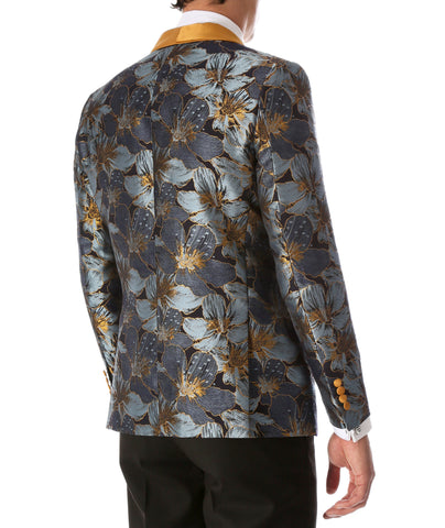 Men's Blue Hugo Floral Modern Fit Shawl Collar Tuxedo Blazer