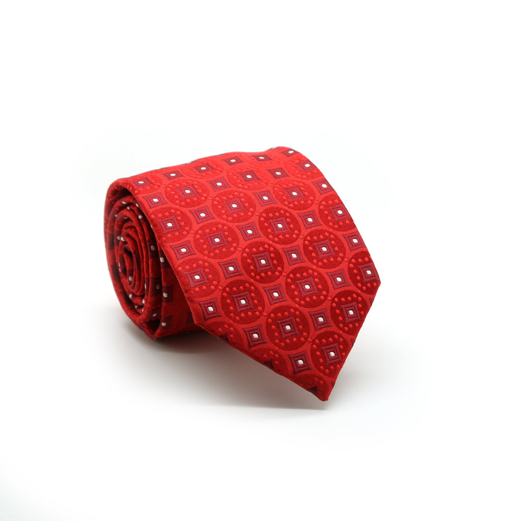 Mens Dads Classic Red Geometric Pattern Business Casual Necktie & Hanky Set I-3 - FHYINC best men