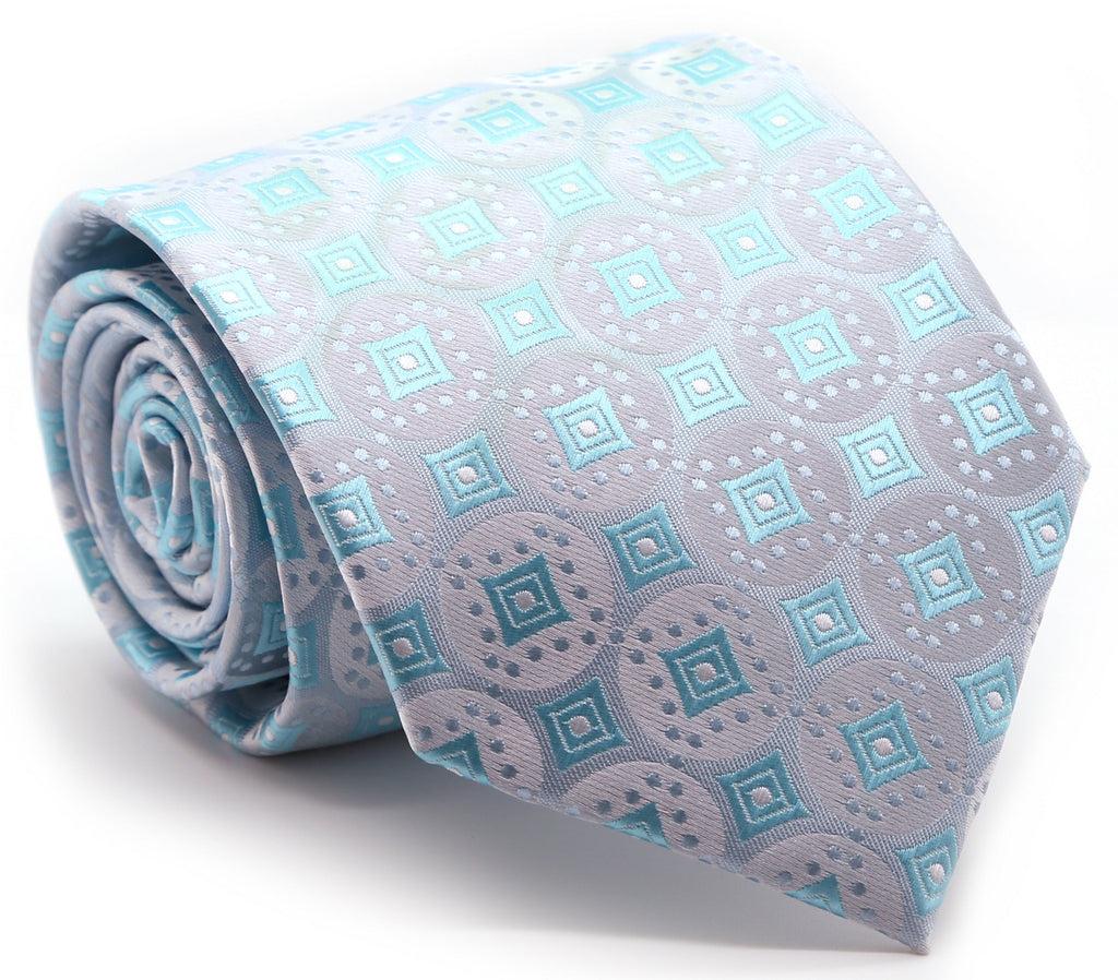 Mens Dads Classic Turquoise Geometric Pattern Business Casual Necktie & Hanky Set I-8 - FHYINC best men