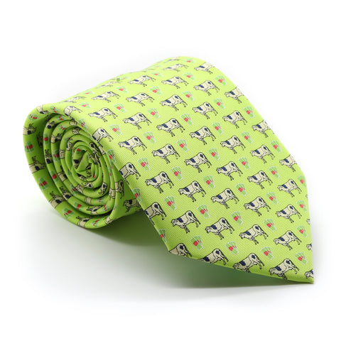 Cow Lime Green Necktie with Handkerchief Set