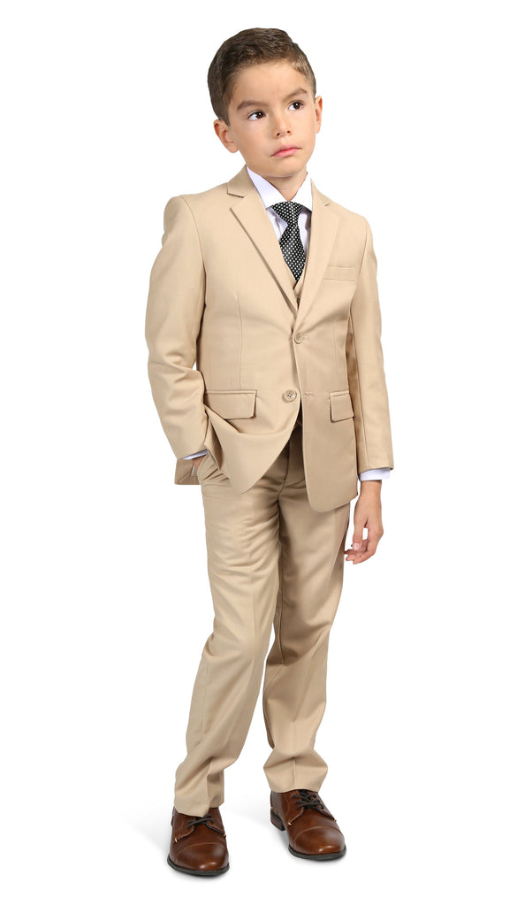 Boys 5 PC Tan Suit Including Shirt Tie and Vest - FHYINC best men