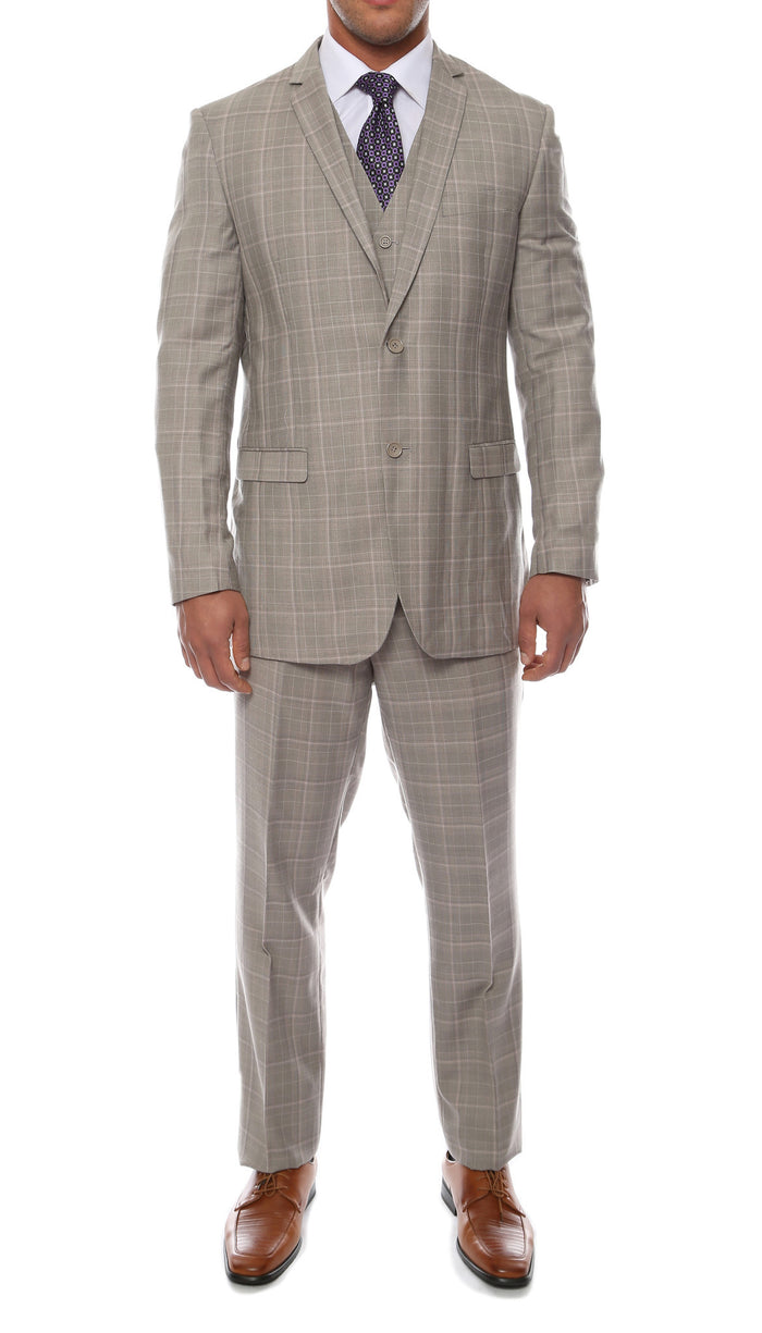 Lazio Taupe Grey 3pc Vested Slim Fit Plaid Suit - FHYINC best men's suits, tuxedos, formal men's wear wholesale