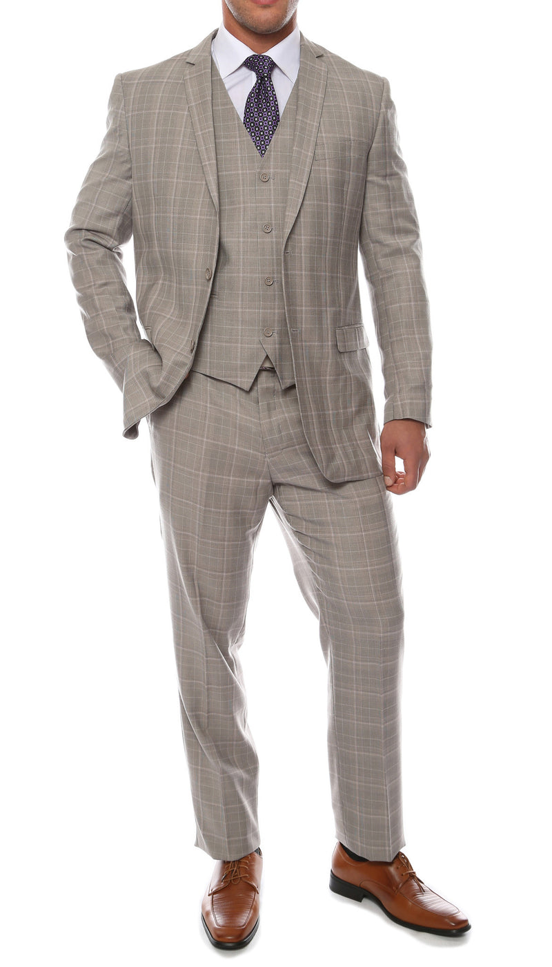 Lazio Taupe Grey 3pc Vested Slim Fit Plaid Suit - FHYINC best men's suits, tuxedos, formal men's wear wholesale