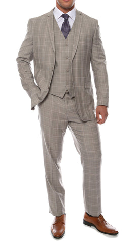 Lazio Taupe Grey 3pc Vested Slim Fit Plaid Suit